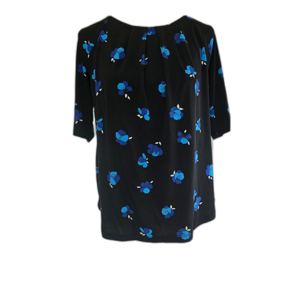 Liz Claiborne Career Black Blue Floral 3/4 Sleeve Pleated Blouse Top Size L